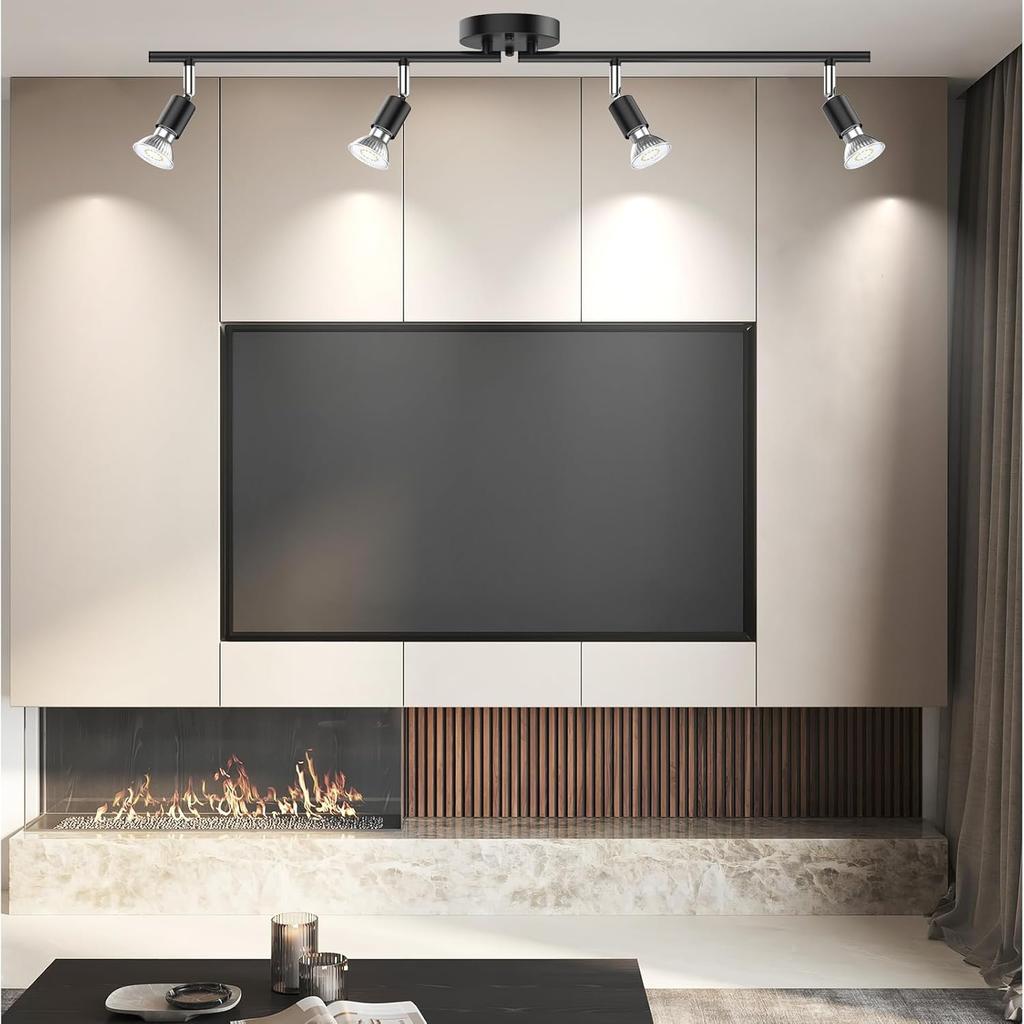 HURYEE Track Lights Ceiling, Black 4 Way Light Fixtures for Kitchen Hallway Bedroom Gallery Fixture Directional Accent Lamp Include 4 Bulbs (4W,
