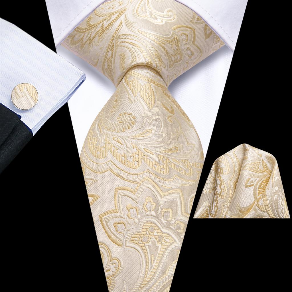 Hi-Tie Floreale Champagne Avorio Cravatta Elegante da Uomo Fazzoletto Gemelli per Smoking Moda Classica Seta Lusso Cravatta per Uomo