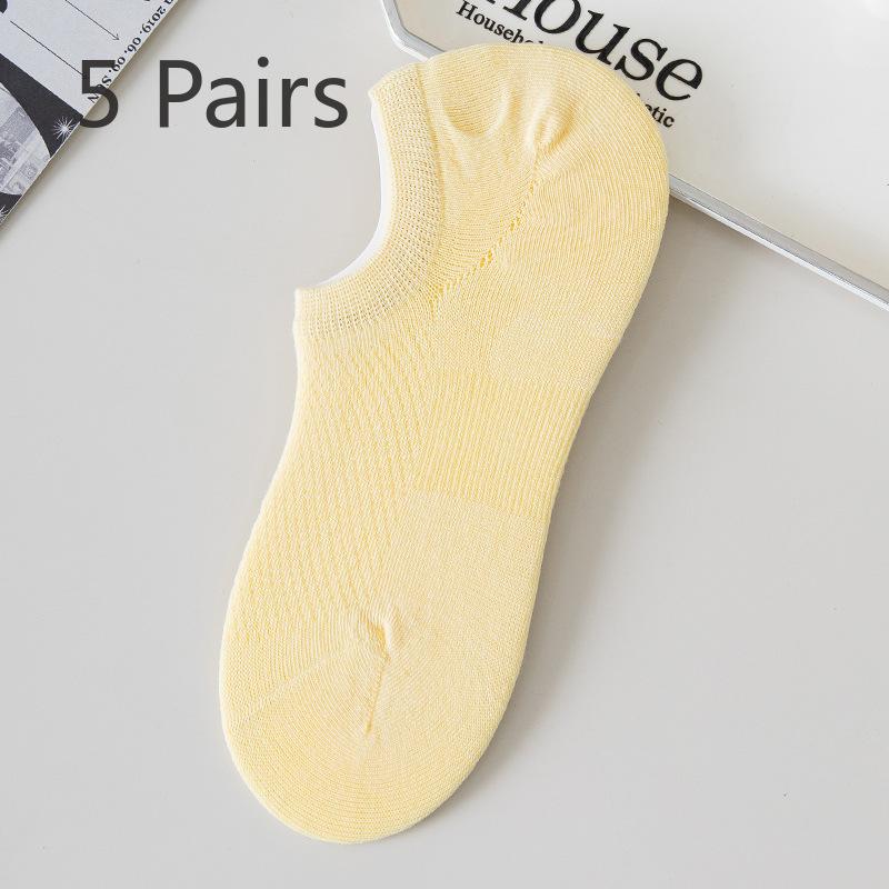 5 Pairs Boat Socks Female Summer Thin Shallow Invisible Non-slip Non-drop Heel Cotton Antibacterial Mesh Breathable Boneless Invisible Socks