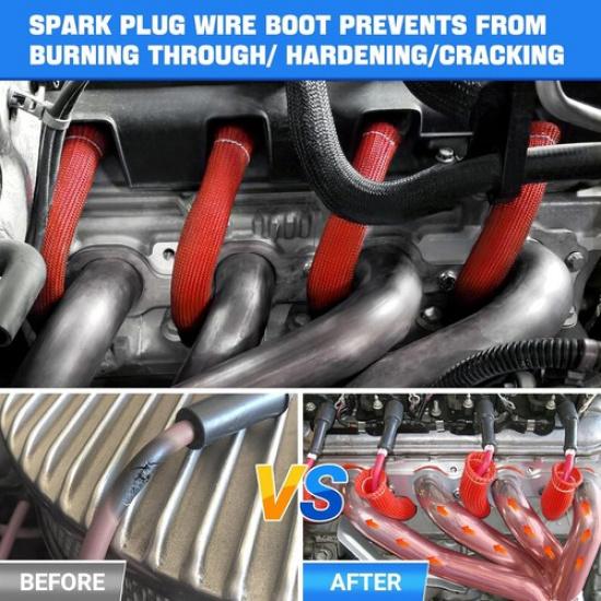 8 PCS Spark Plug Boot Protector 2500° Spark Plug Heat Sleeve Wire Covers Red