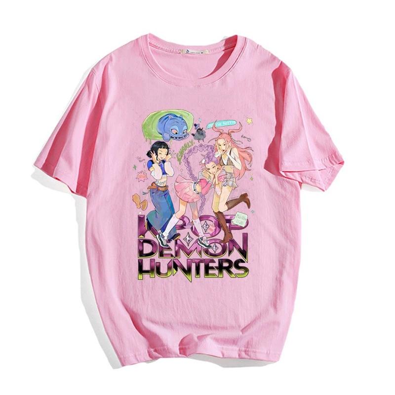 K-pop Demon Hunters Huntrix T Shirt 2026 Trendy Girls Summer Clothes Short-sleeved Pullovers Solid Color Versatile Base Shirt XXS розовый
