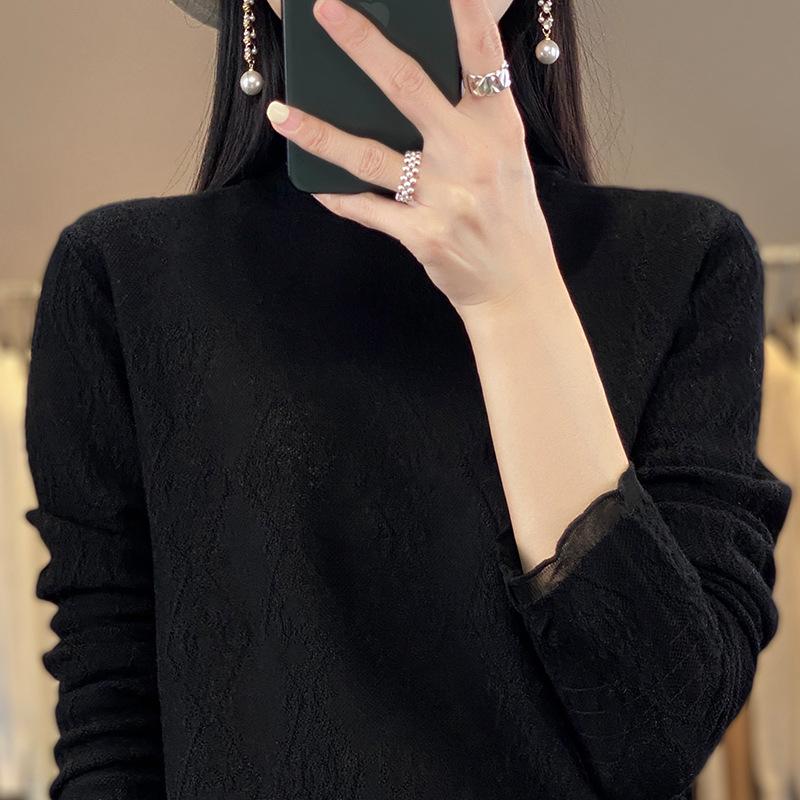 Women's Chiffon Knit Lace Long Sleeve Top with Half High Collar
