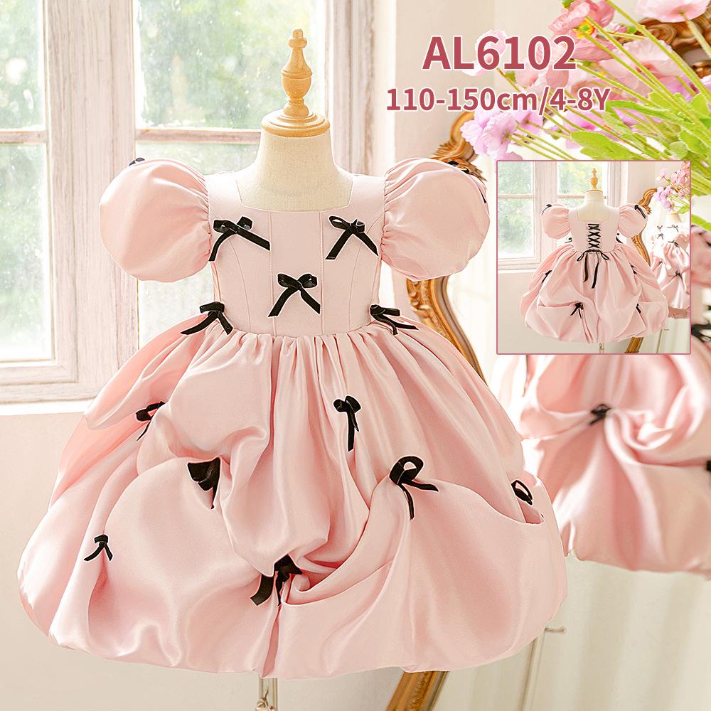 Elegant Girls' Princess Dress - Bow Puff Sleeve Birthday & Fashion Show Gown