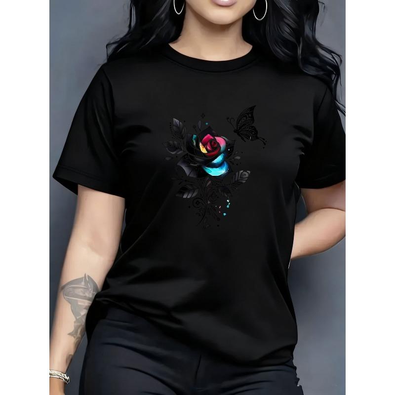 

Жіноча футболка з квітковим візерунком та метеликами, коротким рукавом, стильний, елегантний, повсякденний, модний топ 4XL чорний