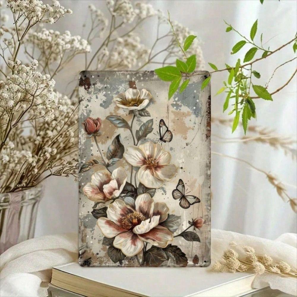 Vintage Floral Butterfly Metal Wall Art Retro Botanical Garden Tin Sign 8x12 Inch Living Room Decor