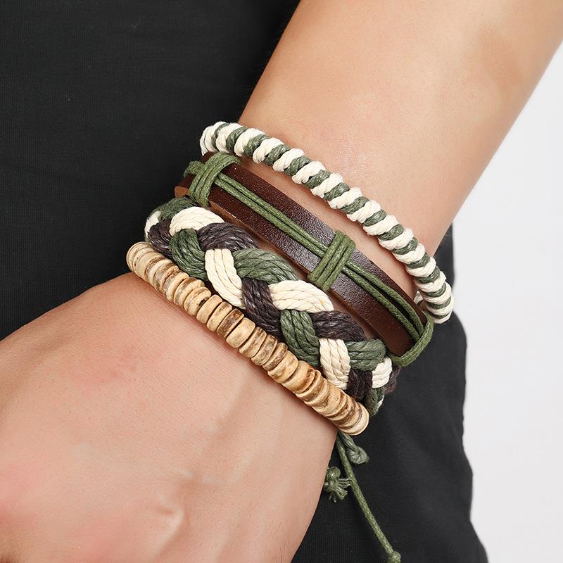 Popular Jewelry Personalized Woven Multi-layer Hemp Rope Bracelet Simple DIY 4-piece Leather Bracelet Set