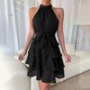 Women Autumn Winter Sleeveless Soild Color Halter Casual A-Line Knee-Length High Waist Ruffled Edges Dress