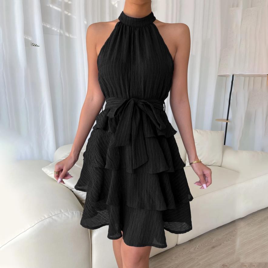 Women Autumn Winter Sleeveless Soild Color Halter Casual A-Line Knee-Length High Waist Ruffled Edges Dress