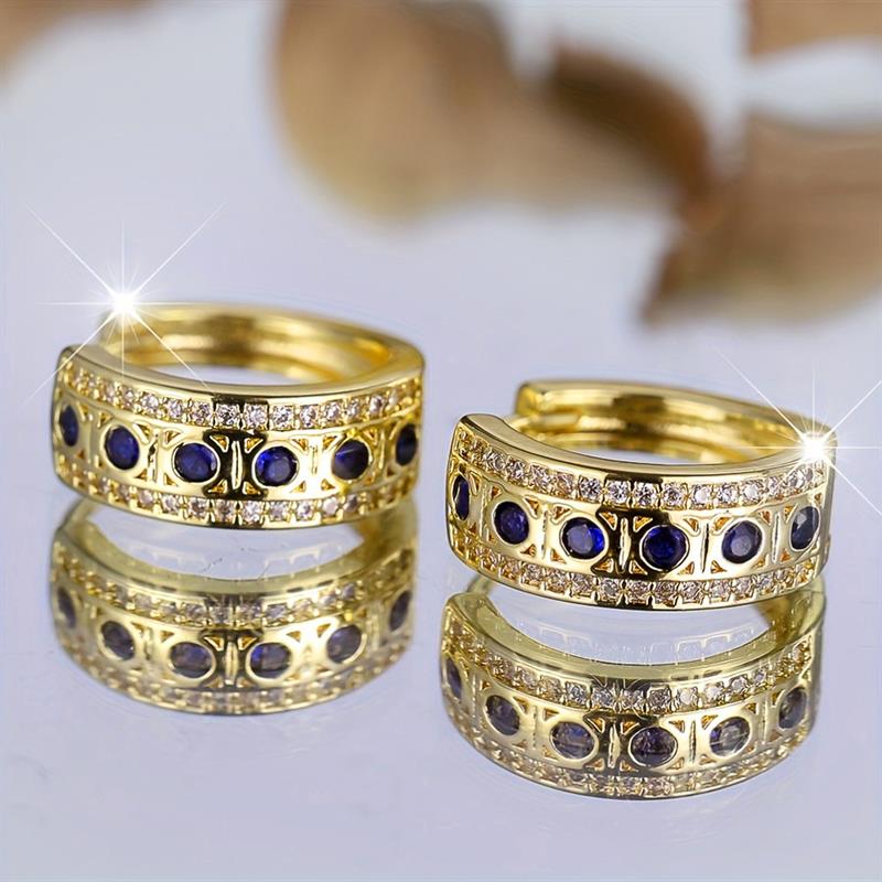 Huitan Noble Women Gold Color Hoop Earrings Inlaid Shiny Blue CZ Bohemian Style Party Lady Accessories Gentle Fashion Jewelry