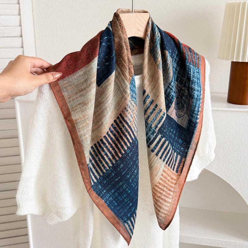 White polka dot peony flower small square scarf cotton and linen silk scarf women's high-end neck yarn air-conditioned room scarf shawl thin