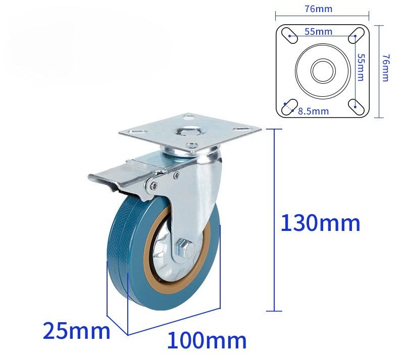 4 stk 100 mm svingbare gummihjul, 600 kg kapasitet, kraftig med bremser