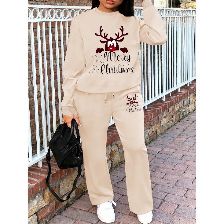 Kadın Bisiklet Yaka Sweatshirt ve İpli Düz Bacak Pantolon 2 Parça Set, Baskılı Ev Giyim Seti, Sonbahar/Kış Kadın Eşofman Takımı