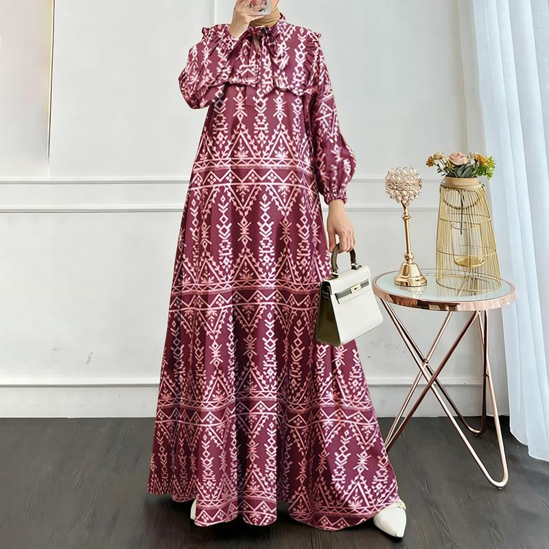 

ZANZEA Женское повседневное платье с круглым вырезом и длинным рукавом в стиле ретро с принтом 5XL вино красного