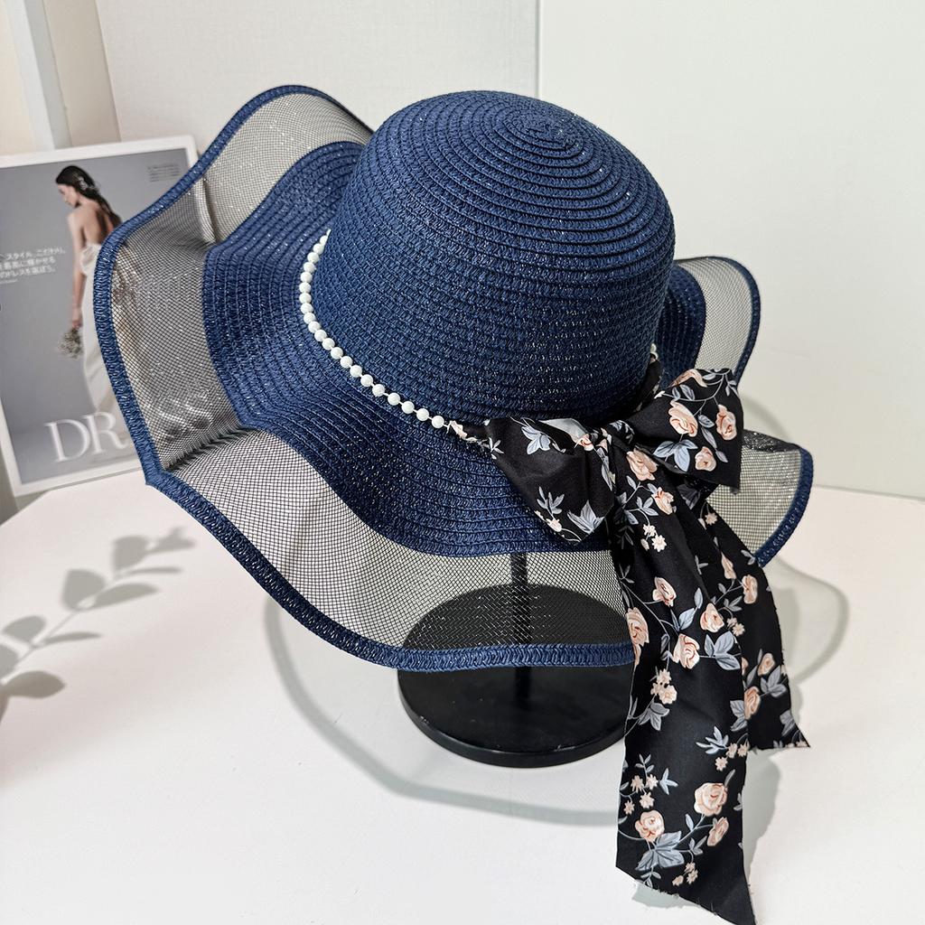 Summer New Straw Hat Floral Streamer Pearl Decoration Sun Hat Seaside Outing Big Eaves Sun Protection Hat