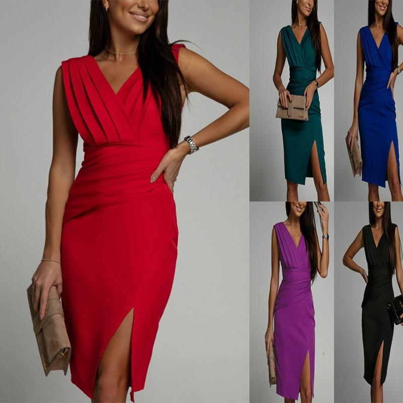 Summer fashion holiday dinner dress women's clothing, new V-neck sleeveless split high waist dress BYJ-234