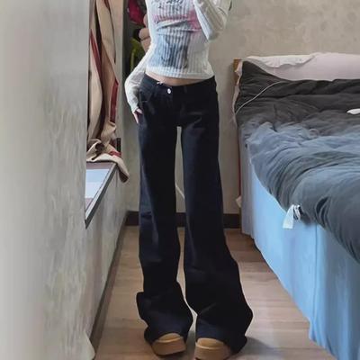 Dames Zwarte Lage Taille Wijde Pijp Flared Jeans - Herfst/Winter Losse Slim Fit, Vloerlengte