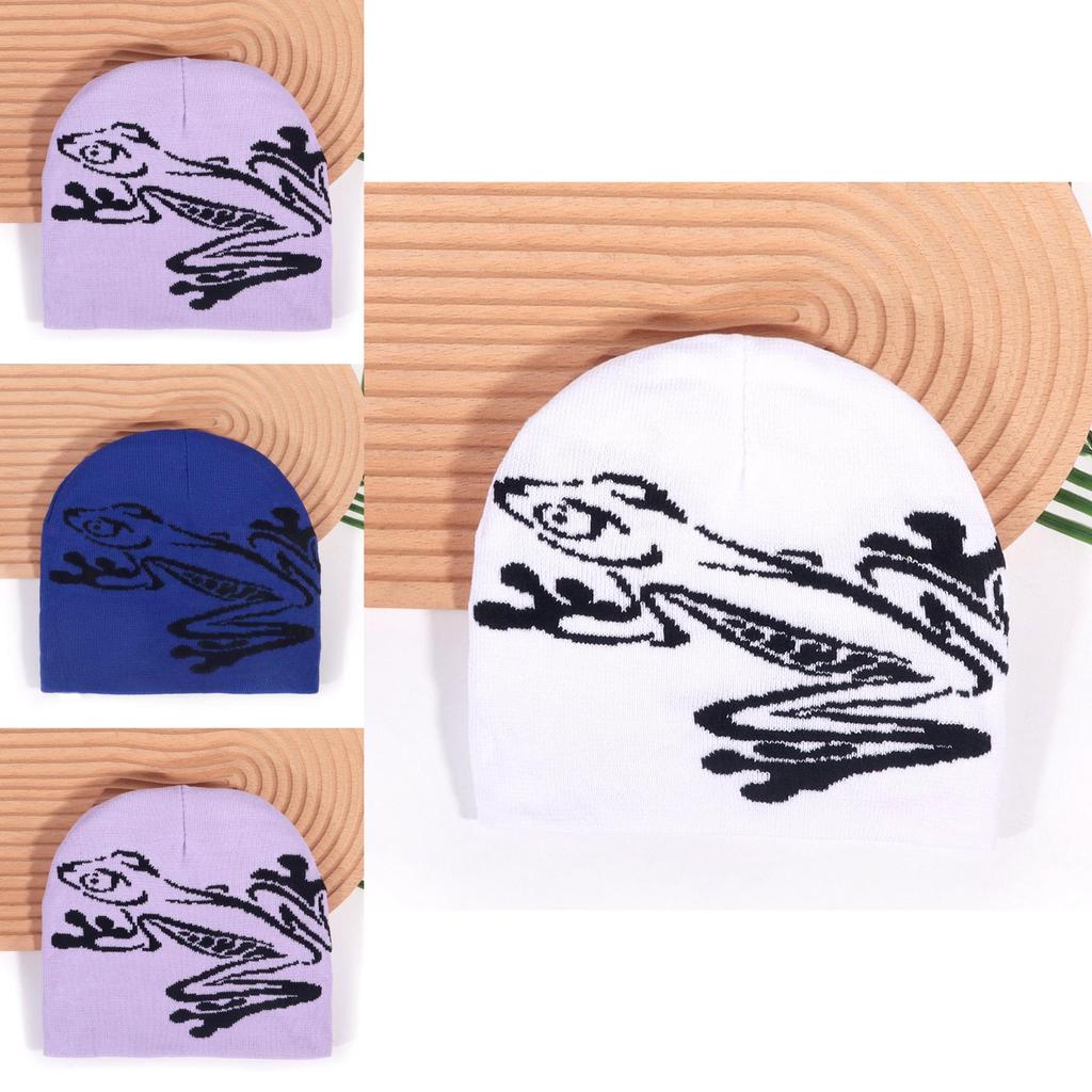 Autumn Winter Acrylic Beanie Hat With Frog Design For Casual Street Style