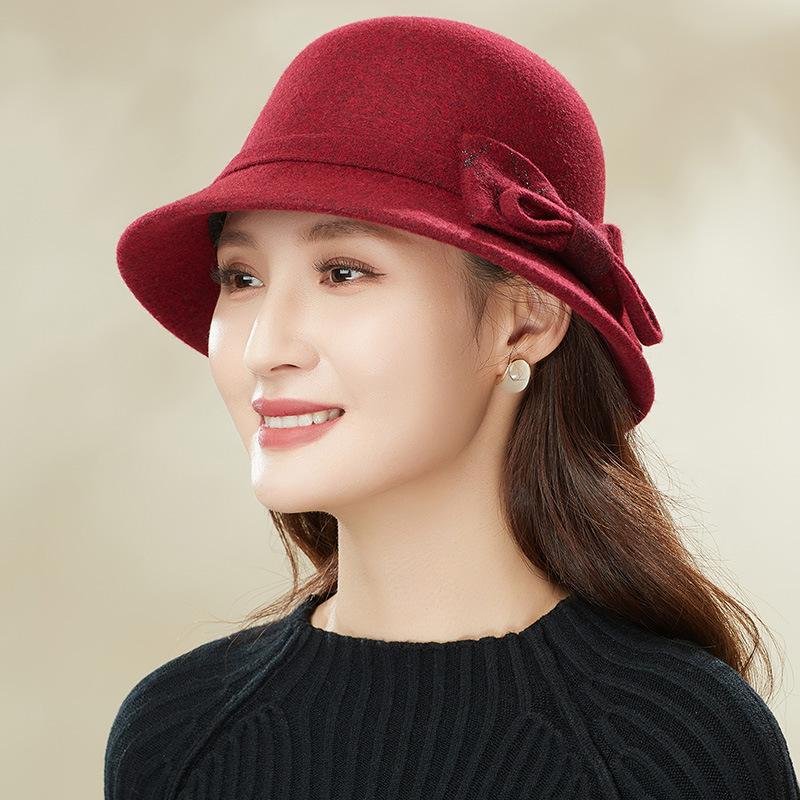 Autumn and winter mother hat mature women's wool woolen bow fashion top hat retro dome thermos hat