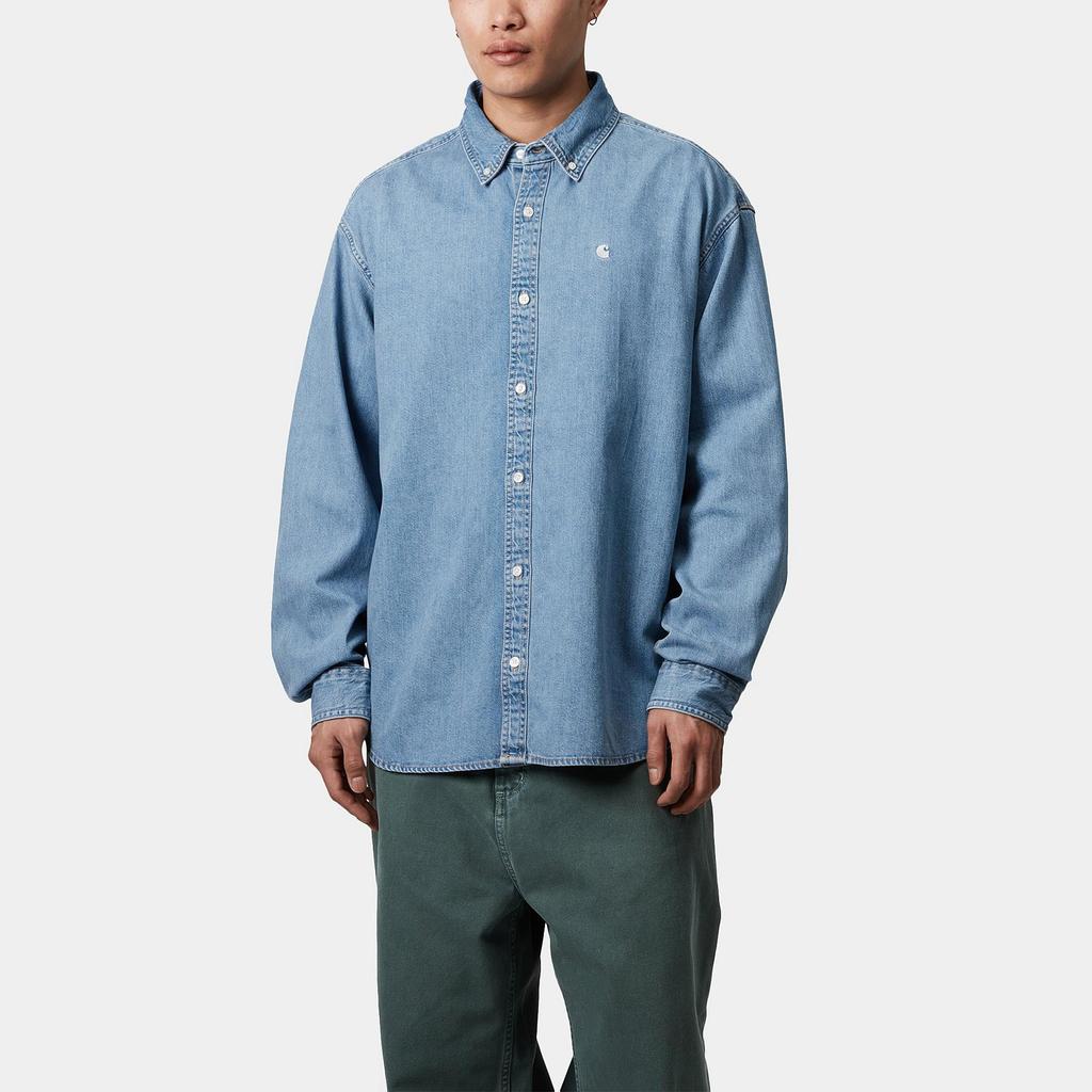 Carhartt WIP Loose Fit Logo Embroidered Single Button Denim Long Sleeve Shirt Men shirts I034525-01-35