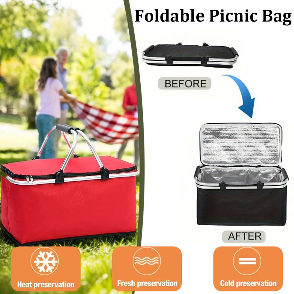 30l Foldable Picnic Bag Large Capacity Thermal Insulated Cooler Basket With Dual Carry Handles For Outdoor Camping