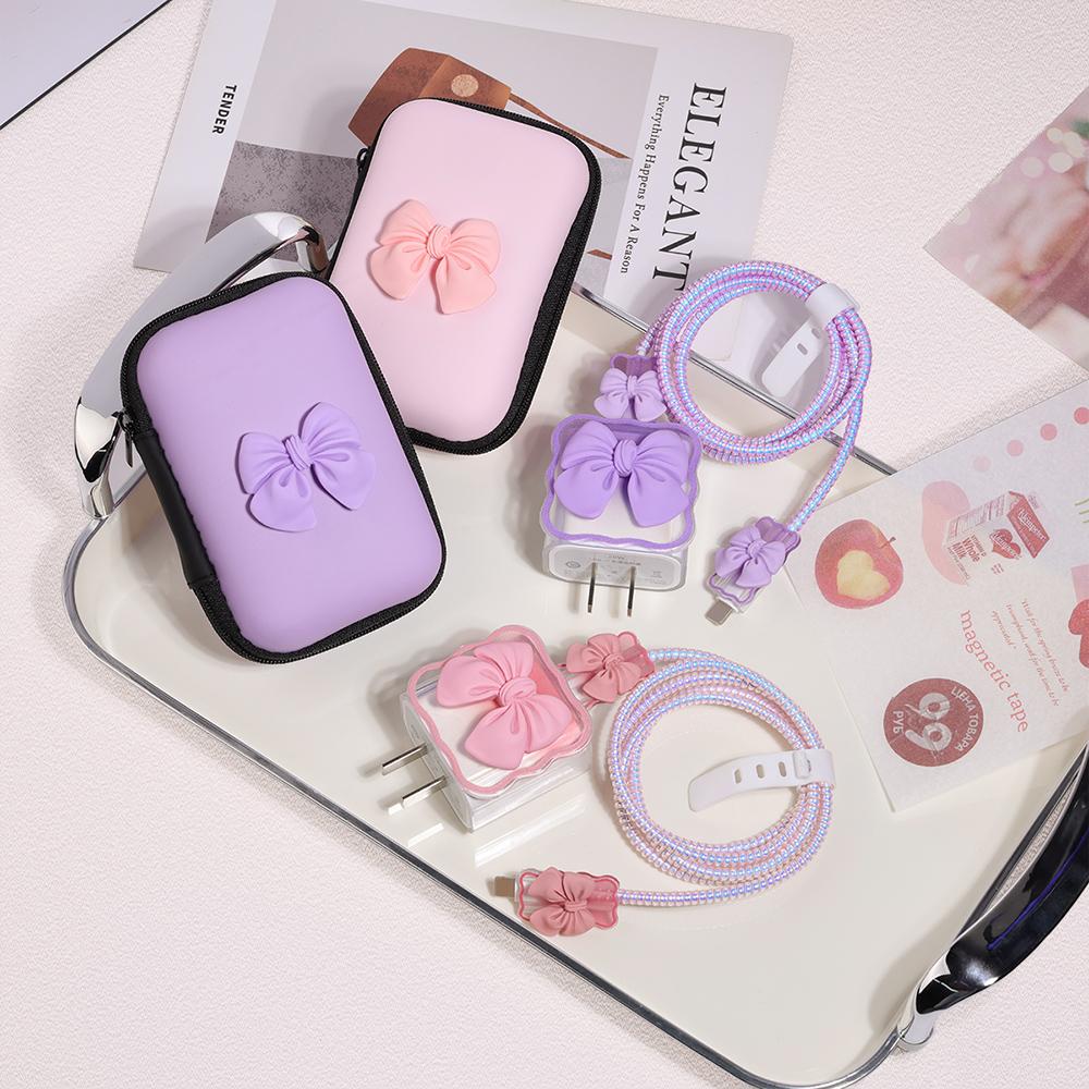 Korea Cute 3D Love Heart+EVA Storage Bag Set Charger Cover For iPhone 11 12 13 14 15 16 Pro Max 18W-20W Charge Protection Sleeve