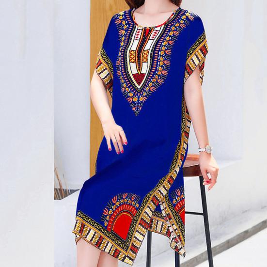 Women Dress Ethnic Style Round Neck Print Contrast Color Geometric Printing Pullover Loose Short Sleeves Midi Dress Women Clothes