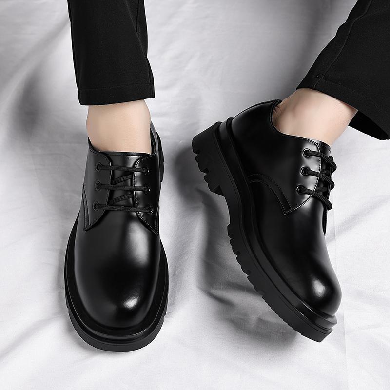 Black Men's Leather Shoes Trendy Youth Brand Styles Leisure Business Office Thick Soled Adult Shoes Minimalist Versatile
