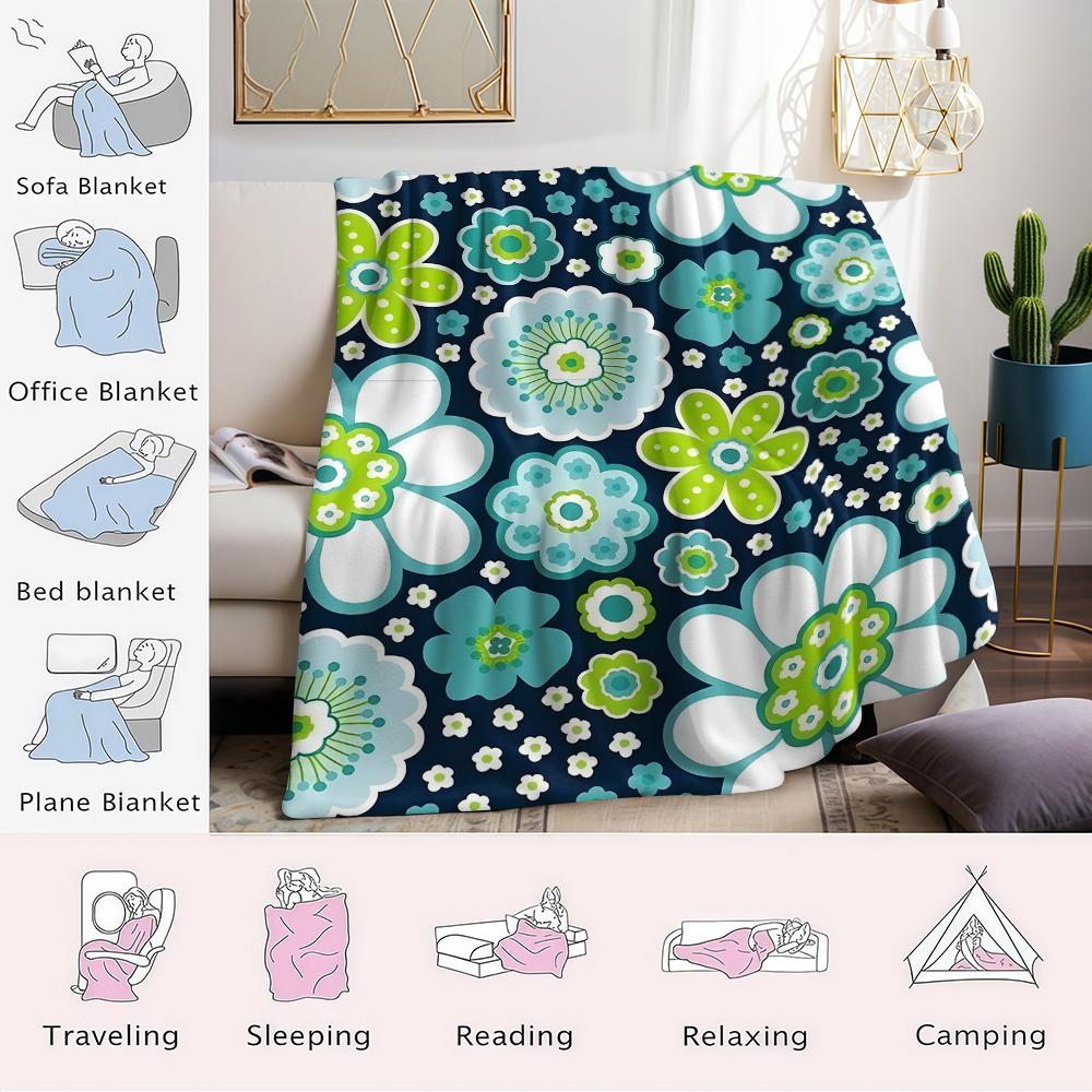 Blue And Green Floral Print Flannel Blanket Warm Soft Halloween Christmas Couch Warm Cozy Decorative Decor Gift For All Season
