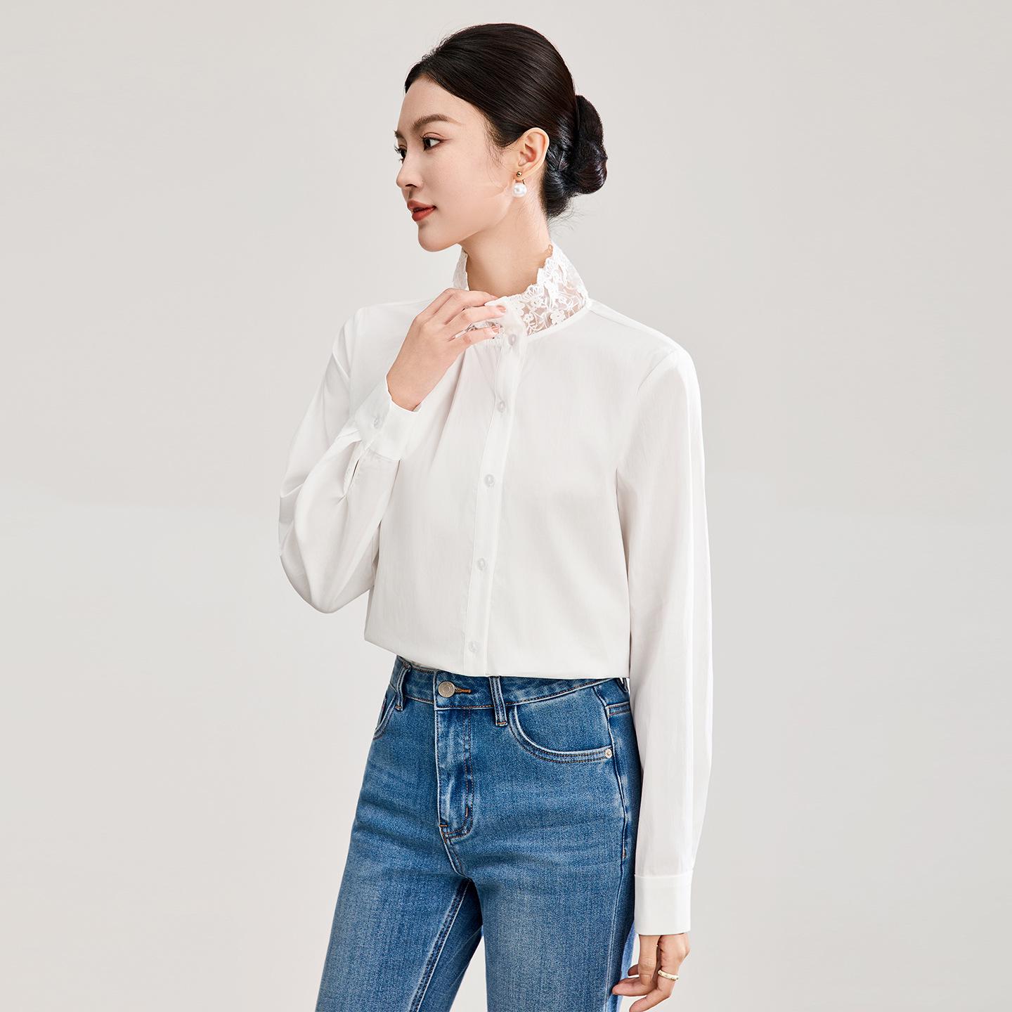 

Женская рубашка Nanyou из гребенчатого хлопка с ретро-кружевной отделкой, длинный рукав - Весеннее поступление M белый