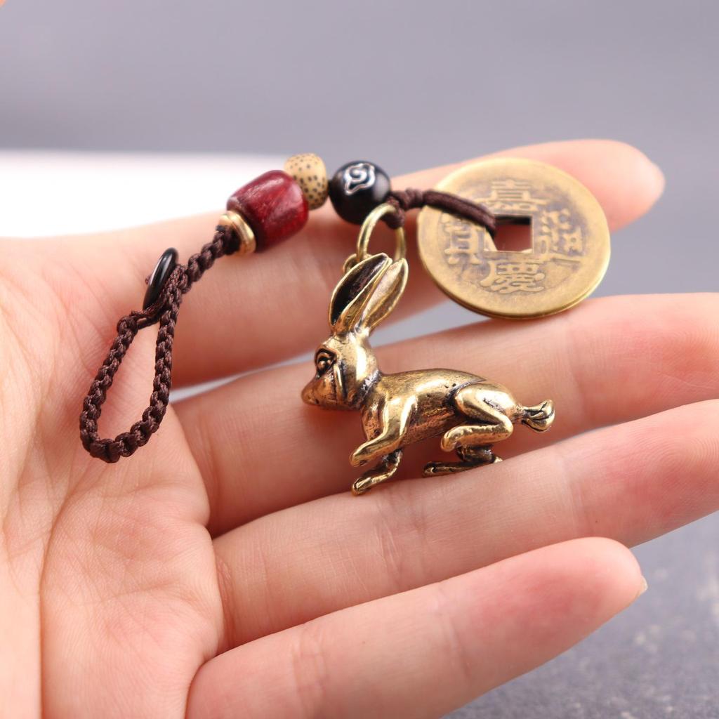 Vintage Solid Brass Long-Eared Rabbit Zodiac Keychain Pendant