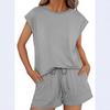 Women's Loose Fit Crew Neck Cap Sleeve Solid Pocket Drawstring Waist Short Pants Two Piece Casual Loungewear Set