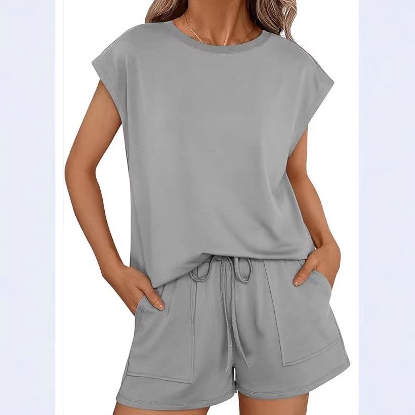 Women's Loose Fit Crew Neck Cap Sleeve Solid Pocket Drawstring Waist Short Pants Two Piece Casual Loungewear Set