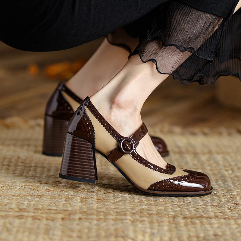 Móda 2025 Nové lakované boty Mary Jane Dámské LEŽÉRNÍ S přezkou Mělké lodičky Čtvercová špička Boty na silném podpatku Žena Zapatos De Mujer