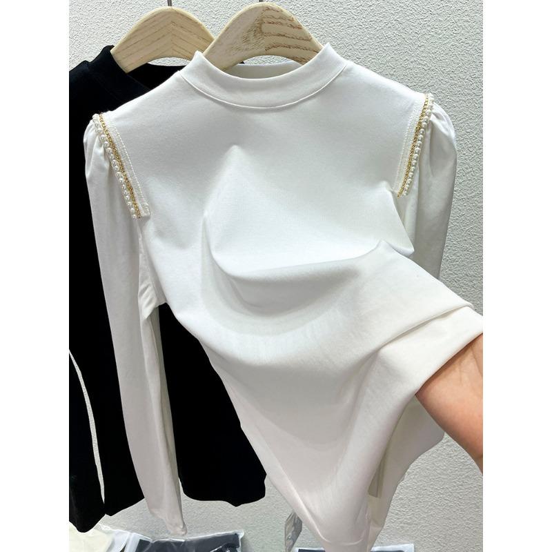 

Футболка с полувысоким воротом и длинными рукавами, женский дизайн, нижнее белье, осенняя новинка, базовая футболка-топ с рукавами-буфами XL белый