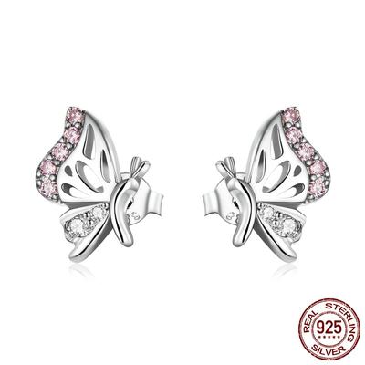 Fashion Sterling Silver Delicate Butterfly Stud Earrings Simple Pink Zircon Hollow Insect Earrings Earrings