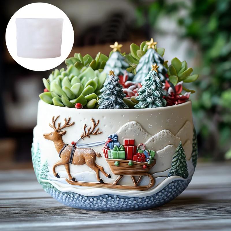 Elk Snow Run Gift Succulent Plant Pot Silicone Mold Christmas Reindeer Resin Plaster Pot Mould Cute Elk Concrete FlowerPot Molds