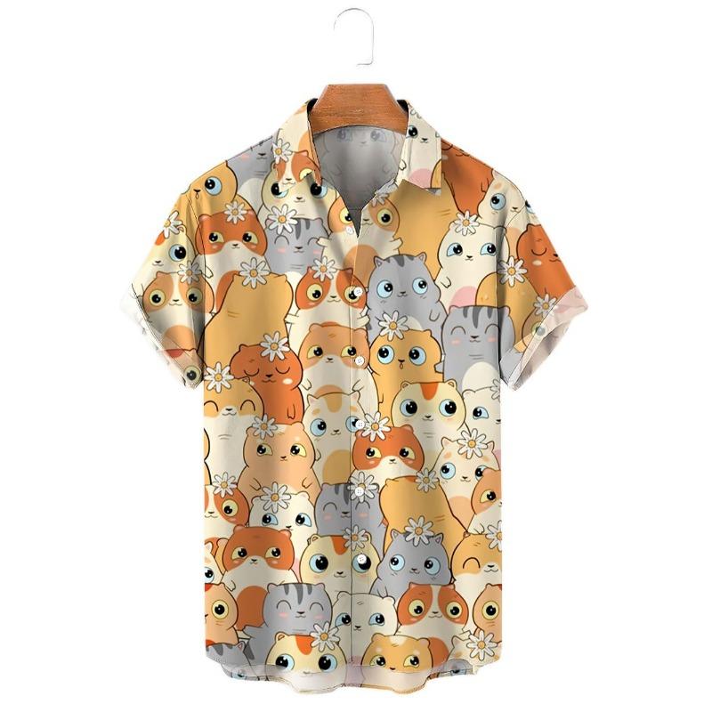 Hawaii Men's Shirt Anime Shirt Cartoon Short-sleeved Tops Summer Casual Men's Clothes Street Animals Cats Retro 3d Tees