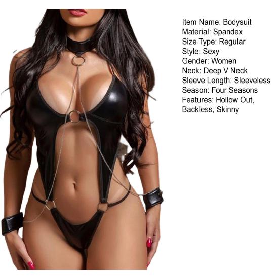 Women Sexy Bodysuit Low-cut Backless Sleeveless Lace Smooth Faux Leather Ring Hoop Decor