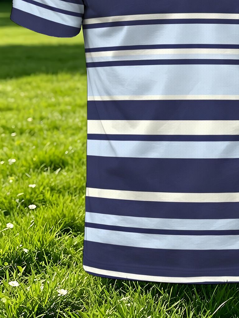 Men'S Outdoor Polo Shirt, Multi-Sizes Available, Men'S Short Sleeve Polo, Blue White Horizontal Stripes Print, White Contrast Collar And Placket,