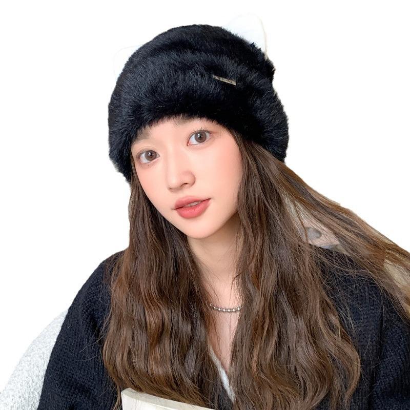 New Hat for Women Imitation Mink Hair Cute Ear Knitted Wool Hat Solid Color Versatile Student Warm Hat