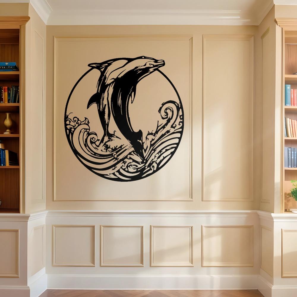2D Laser Cut Dolphin Wave Iron Wall Art, Large Black Metal Decor for Living Room Bedroom, 1pc