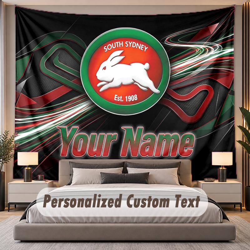 Custom Name Text Tapestry South Sydney Rabbitohs Personalized Polyester Wall Tapestry For Bedroom And Room
