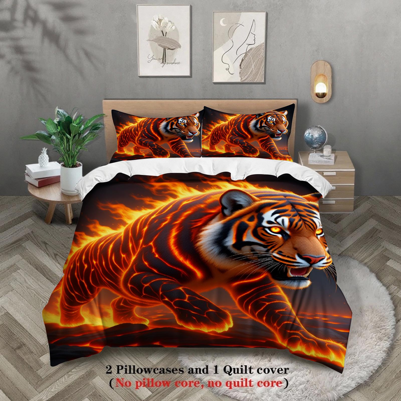 

3pcs Tiger Bedding Sets 3D Printed Fire Tiger Wrinkle Resistant Breathable Duvet Cover Sets With Pillowcases No Filling AU Queen(210x210cm)