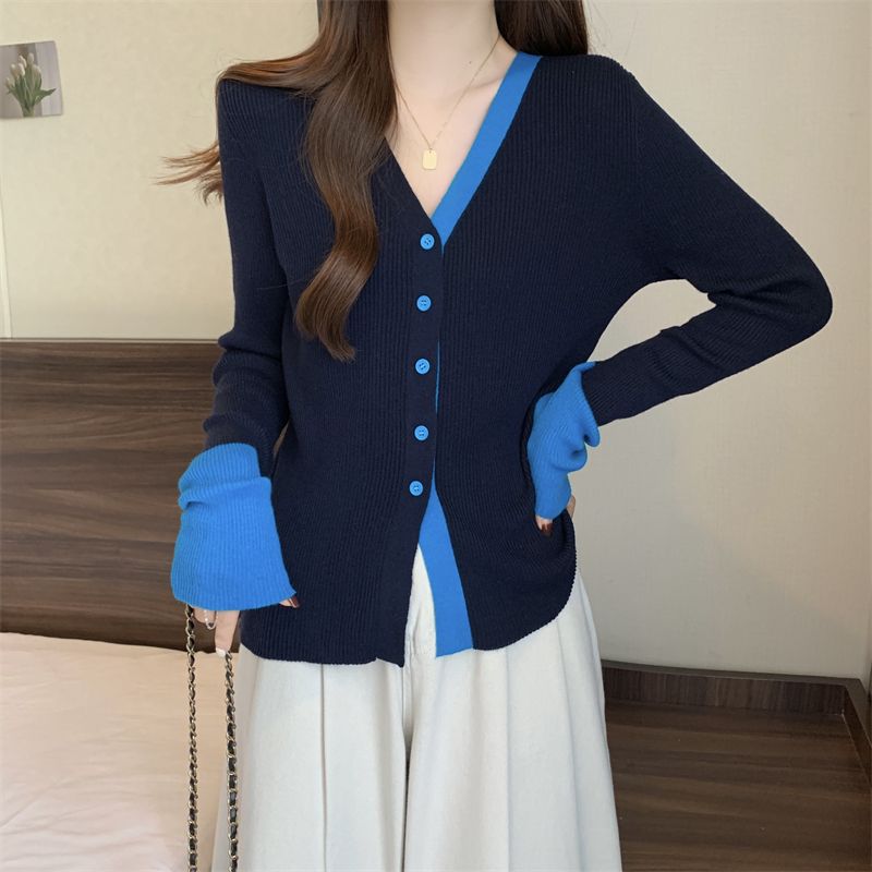 Color Block V Neck Long Sleeve Knit Top Women Spring New Single Breasted Design Slim Fit Versatile Blouse