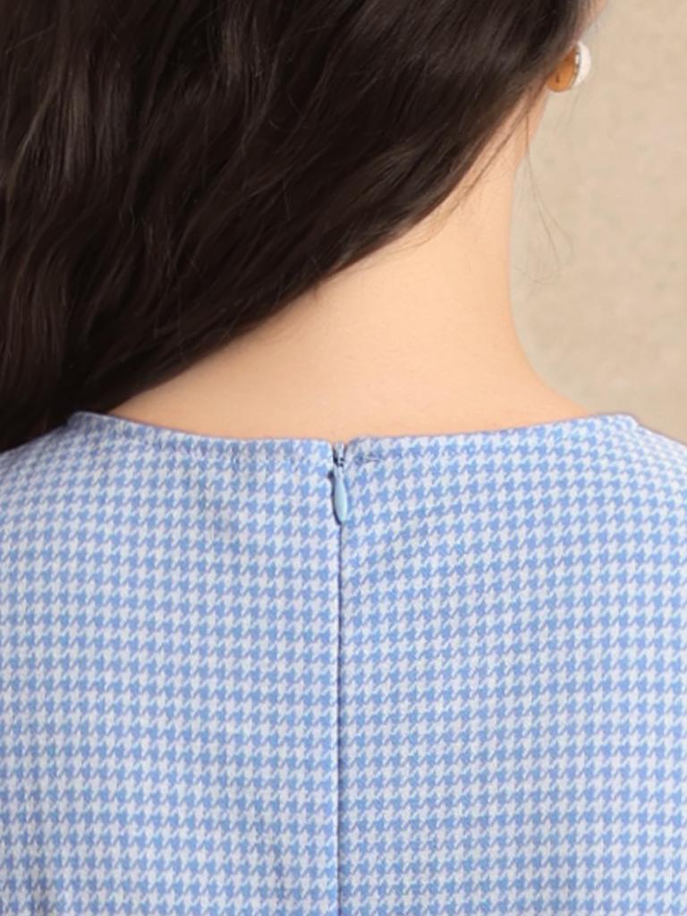 Allegra K Women's Flared Knit Dress, Houndstooth Check Pattern, Sleeveless, Short Length, Sky Blue, Size XS