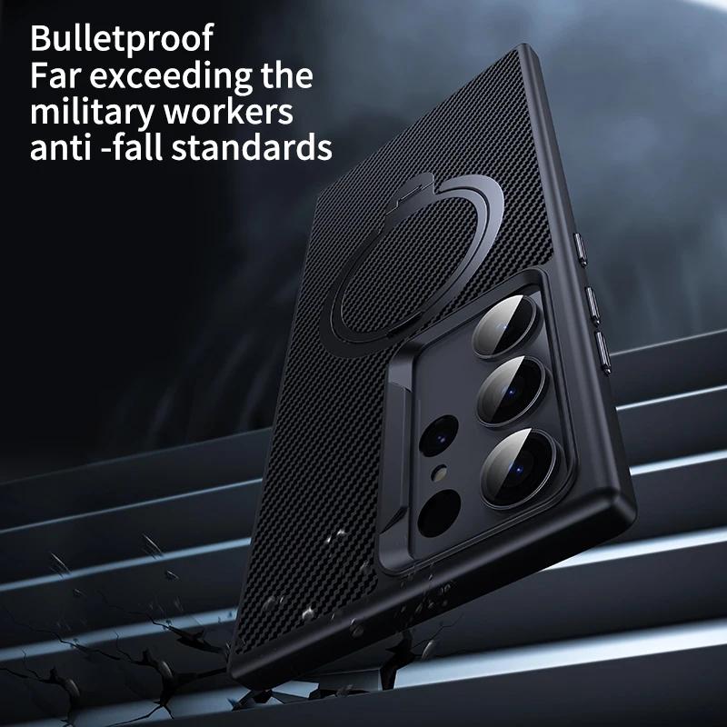 Carbon Fiber Texture Case for Samsung Galaxy S25 S24 S23 Plus Ultra for Magsafe Wireless Charging Magnetic Ring Holder Cover