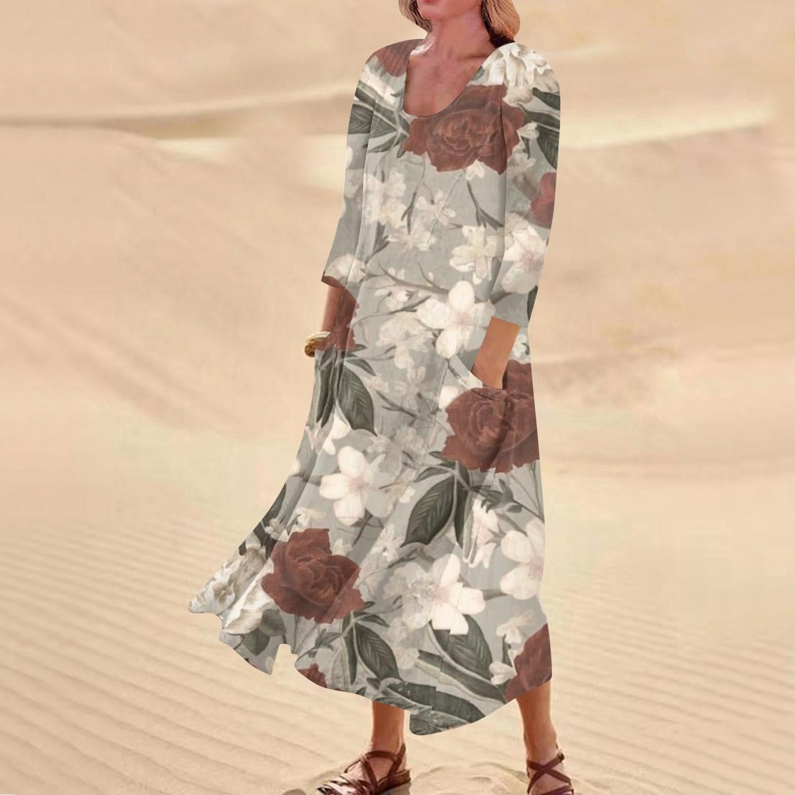 Женское повседневное удобное хлопковое карманное платье с цветочным принтом и рукавами — фото 9