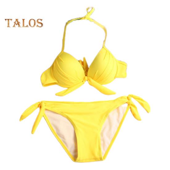

2 шт./компл. сексуальный комплект бикини с лямкой на шее, пуш-ап, однотонный бюстгальтер с высокой талией, трусы для плавания, комплект, украшение с бантом, пляжная одежда S жёлтый