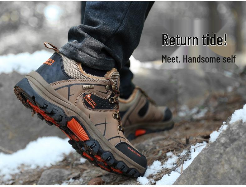 Men's Waterproof Winter Hiking Boots with Fleece Lining, Non-Slip, Wear-Resistant, Durable Outdoor Shoes for Construction and Labor Protection.