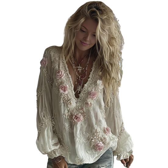 Women Shirt Oversize V-Neck Long Sleeve Casual Spring Autumn Shirt 3D Flower Printed Pattern Relaxed Fit Shirt Daily Wear